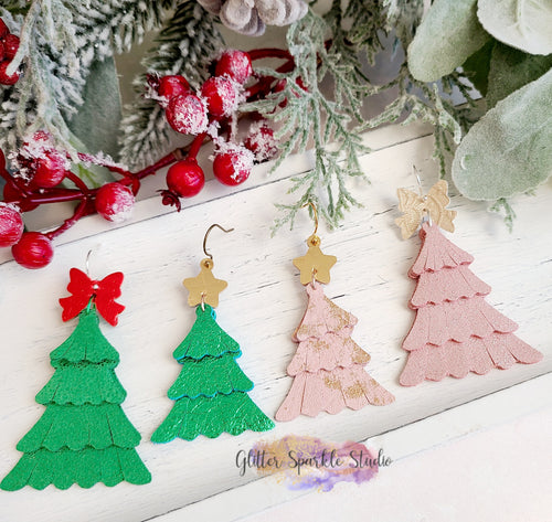 Quad Layer Fringed Christmas Tree with Star & Ribbon Toppers Earring or Pendant Steel Rule Combo Die