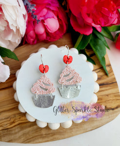 2 inch Pair of Cupcakes with Heart-shaped Cherries Dangling multi cut Steel Rule Die for petite earring or appliques