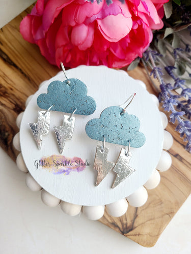 Pair of Mirrored Thunder Cloud with lightning bolts Dangle Earring Steel Rule Die