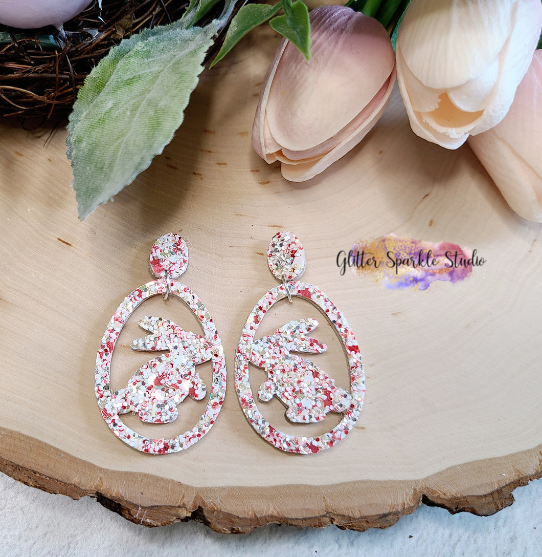 Petite Mirrored Pair of Bunny Silhouette in Egg Dangle Earrings Steel Rule Die