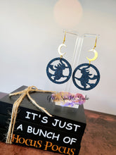 Load image into Gallery viewer, 45mm Mirrored Pair of Flying Witch Hoop Dangle Earrings Steel Rule Die