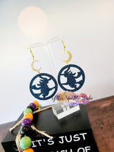 Load image into Gallery viewer, 45mm Mirrored Pair of Flying Witch Hoop Dangle Earrings Steel Rule Die
