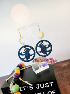 45mm Mirrored Pair of Flying Witch Hoop Dangle Earrings Steel Rule Die