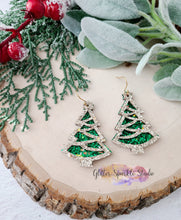 Load image into Gallery viewer, Pair of Tinsel Layered Star Topped Tree Dangle Earring Steel Rule Die